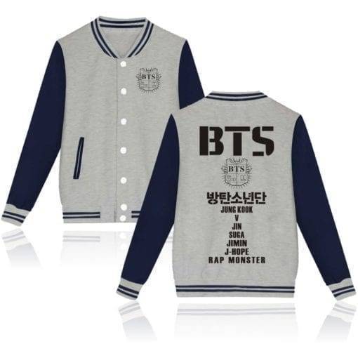 BTS Baseball Jacket Classic logo Hoddies & Jackets cb5feb1b7314637725a2e7: black|gray|Black / White|Gray / Black|Navy|Navy / White|Pink|Pink / Black