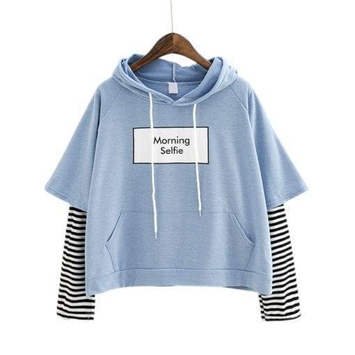 Morning Selfie Striped Sleeve Hoodie Hoddies & Jackets cb5feb1b7314637725a2e7: white|Blue